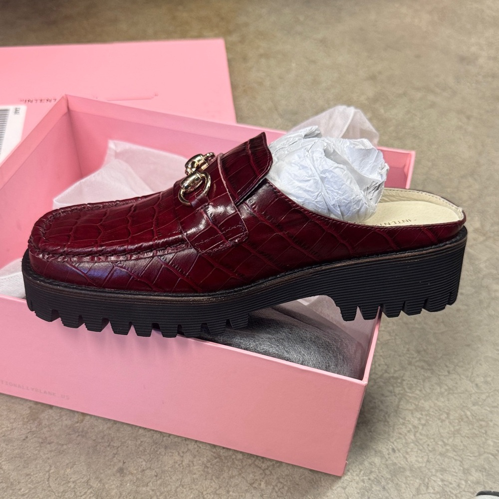 INTENTIONALLY BLANK Burgundy Croc-Embossed Mules